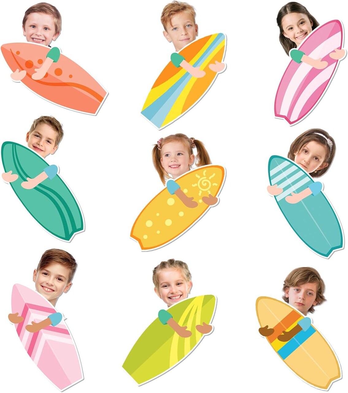 45Pcs Summer Cutouts Surfboard Paper Cut-Outs 9 Designs Tropical Beach Surfing Bulletin Board Decor with 100Pcs Glue Points for DIY Craft Back to School Classroom Home Hawaiian Party